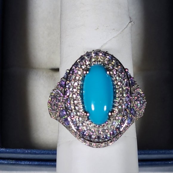 Sleeping Beauty Turquoise, Tanzanite & White Zircon cocktail ring in Plat/925 - Picture 4 of 6